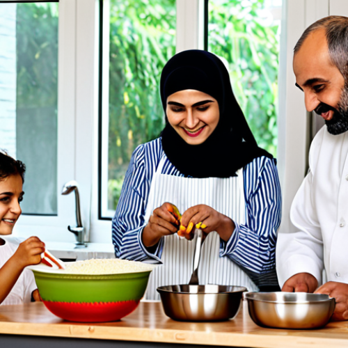 Modern Arab Family in a Kitchen**

"A modern Arab family, including a mother, father, and two children, are preparing food together in a bright, spacious kitchen. The mother is showing the daughter how to measure ingredients, while the father helps the son whisk something in a bowl. The kitchen features clean lines, stainless steel appliances, and a large window overlooking a garden. Everyone is fully clothed in modest, stylish clothing. Focus on warmth, family connection, and the joy of cooking. Safe for work, appropriate content, family-friendly. Perfect anatomy, correct proportions, natural pose, well-formed hands, proper finger count, natural body proportions. Professional photography, high quality."

**