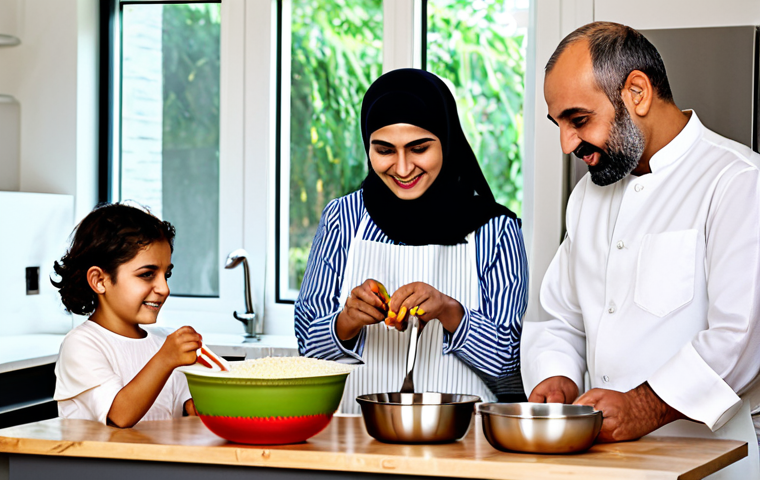 Modern Arab Family in a Kitchen**

"A modern Arab family, including a mother, father, and two children, are preparing food together in a bright, spacious kitchen. The mother is showing the daughter how to measure ingredients, while the father helps the son whisk something in a bowl. The kitchen features clean lines, stainless steel appliances, and a large window overlooking a garden. Everyone is fully clothed in modest, stylish clothing. Focus on warmth, family connection, and the joy of cooking. Safe for work, appropriate content, family-friendly. Perfect anatomy, correct proportions, natural pose, well-formed hands, proper finger count, natural body proportions. Professional photography, high quality."

**