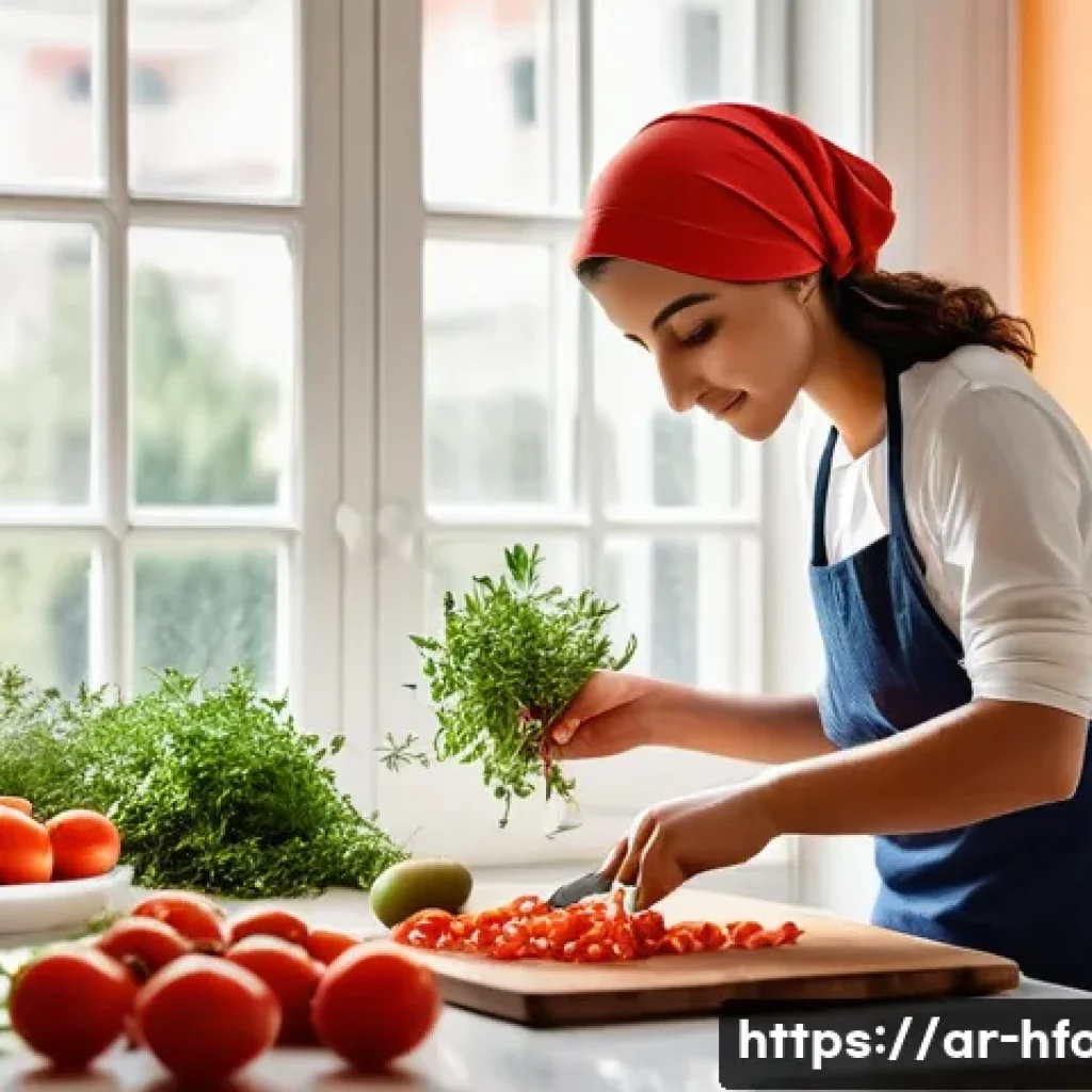 저염 식단을 위한 소스 추천 - **Prompt:** A vibrant and inviting scene in a modern, subtly Arabic-style kitchen. A young woman, dr...