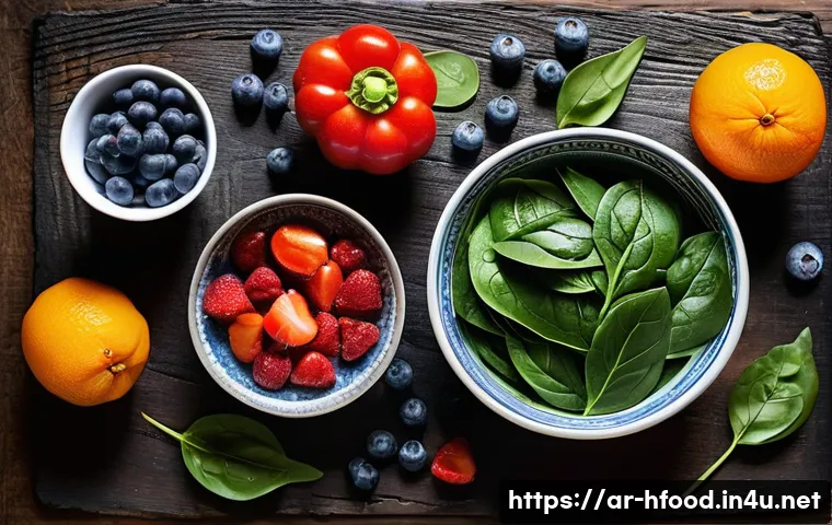 미세먼지로부터 폐를 보호하는 음식 - **Vibrant Antioxidant Feast:**
    "A visually striking flat lay of a colorful and abundant spread o...