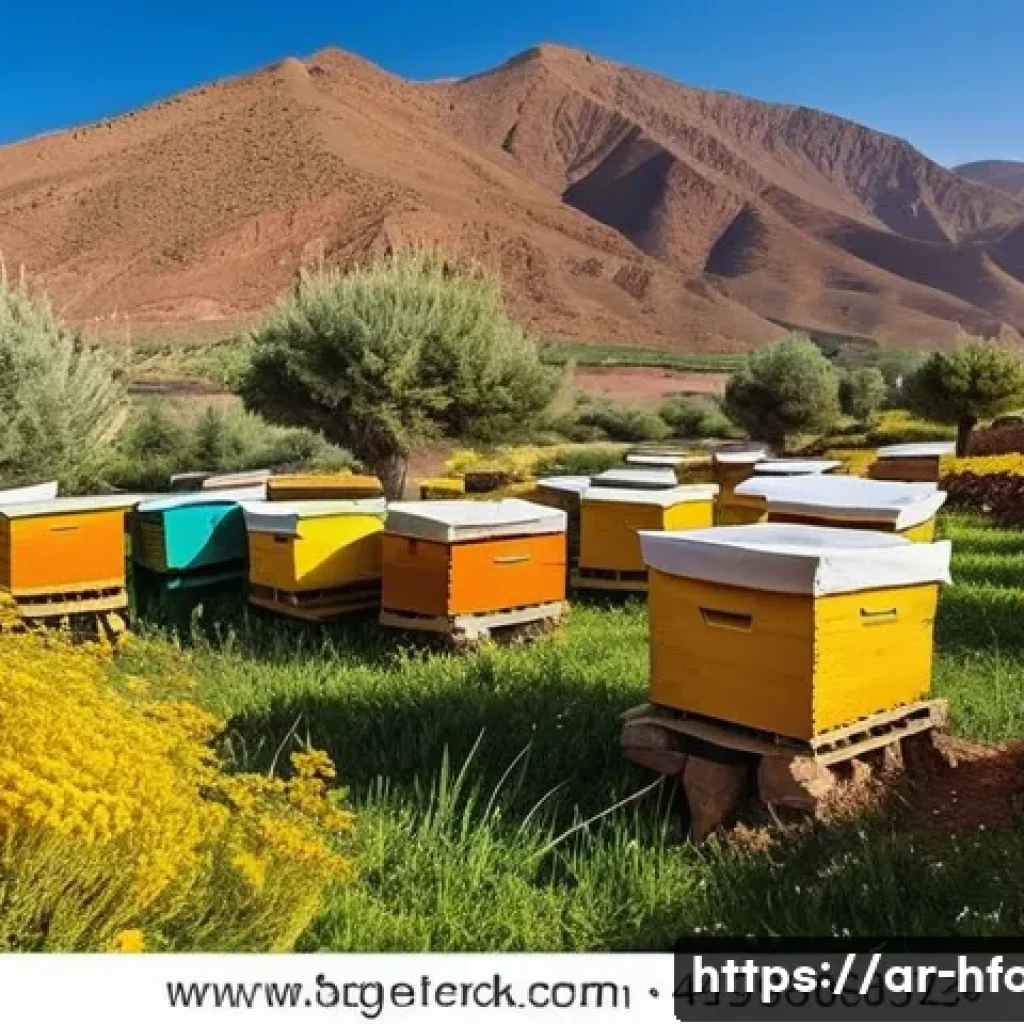 유기농 꿀 브랜드 비교 - A vibrant, detailed scene of a traditional Moroccan honey farm in the Atlas Mountains, showcasing na...