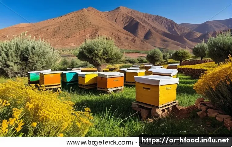 유기농 꿀 브랜드 비교 - A vibrant, detailed scene of a traditional Moroccan honey farm in the Atlas Mountains, showcasing na...