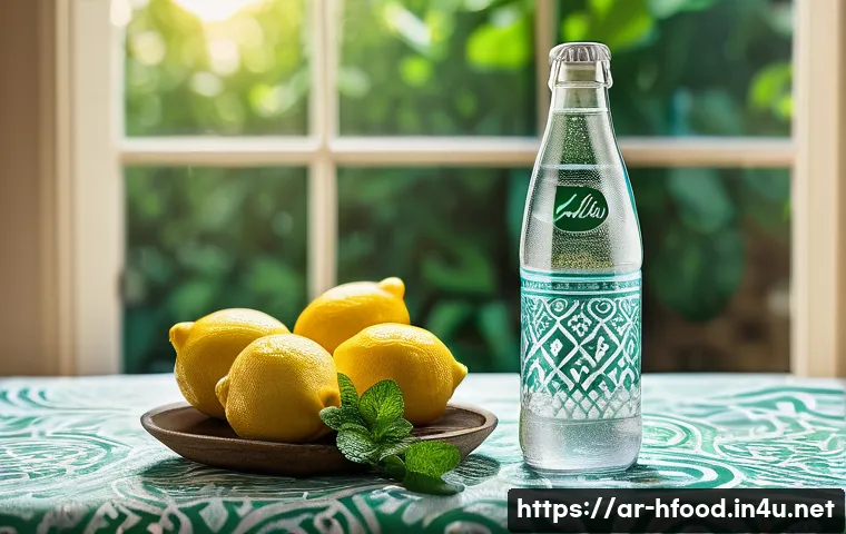 건강한 음료  천연 탄산수 추천 - A vibrant and refreshing scene showing a clear glass bottle of natural sparkling water with visible ...