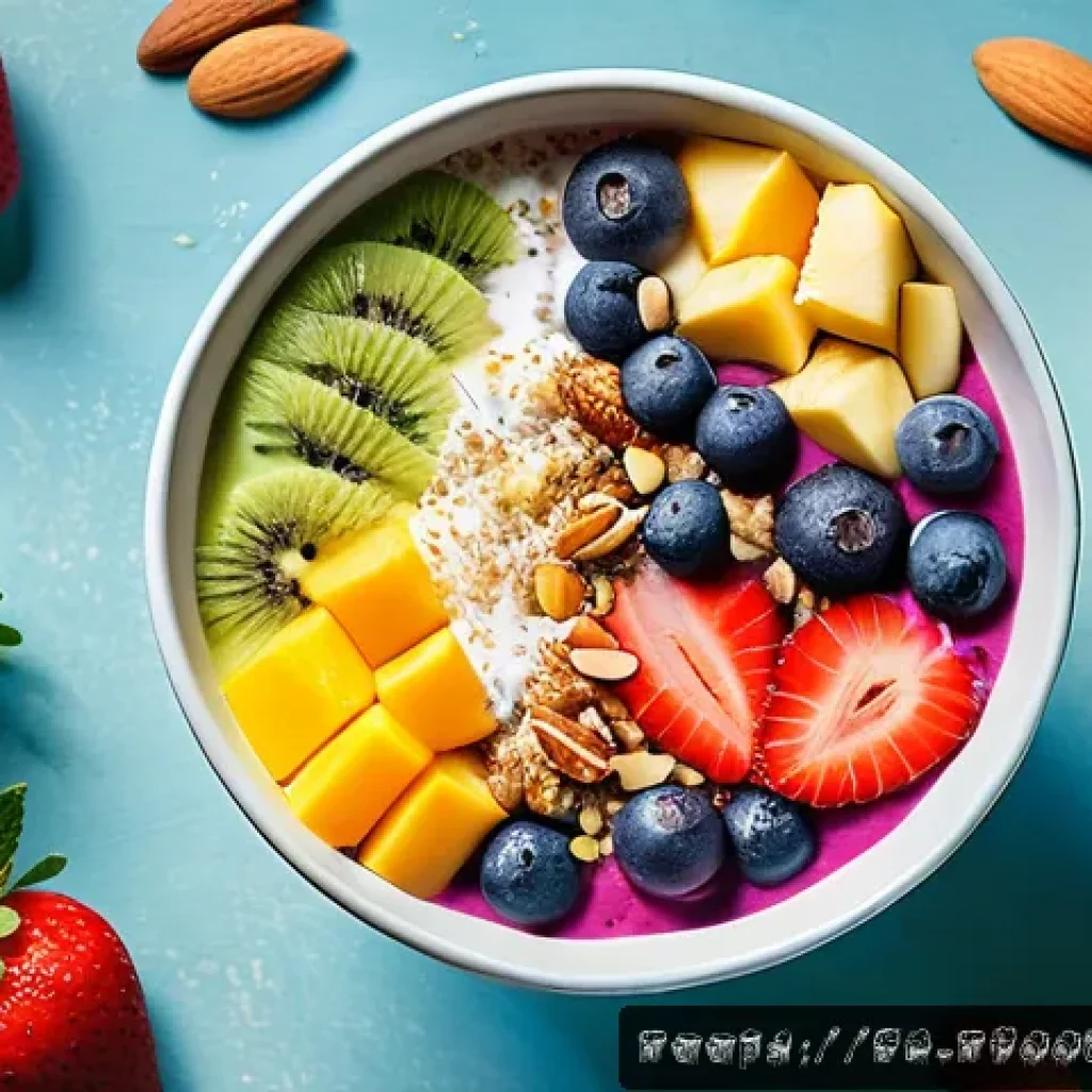 스무디 볼 만드는 법과 재료 추천 - A vibrant smoothie bowl topped with fresh seasonal fruits native to the Middle East, including slice...