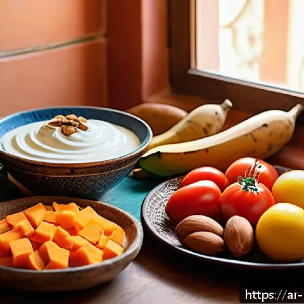 혈압에 좋은 칼륨이 많은 음식 - A vibrant and colorful Middle Eastern kitchen scene featuring a diverse spread of potassium-rich foo...