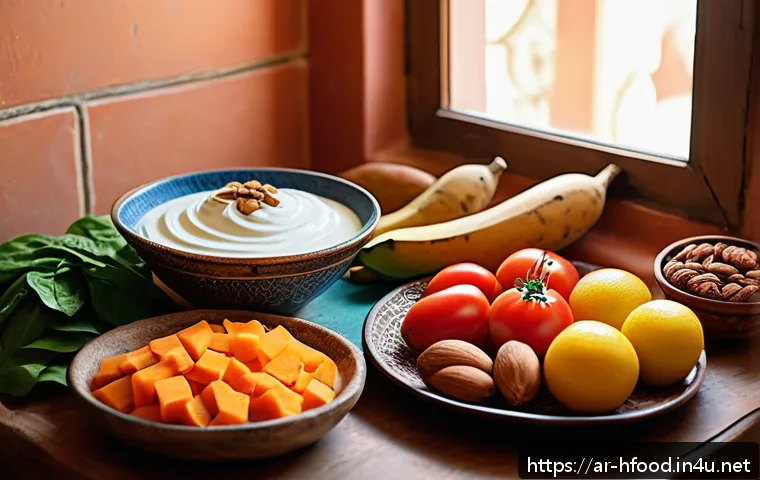혈압에 좋은 칼륨이 많은 음식 - A vibrant and colorful Middle Eastern kitchen scene featuring a diverse spread of potassium-rich foo...