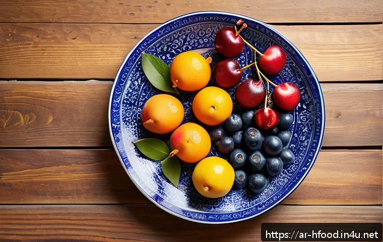 항산화 성분이 많은 슈퍼푸드 - A vibrant, detailed still life of fresh seasonal fruits popular in Arabic cuisine, featuring ripe bl...