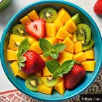 건강한 디저트  과일 샐러드 레시피 - A vibrant fruit salad bowl featuring freshly cut seasonal fruits such as bright orange slices, red s...