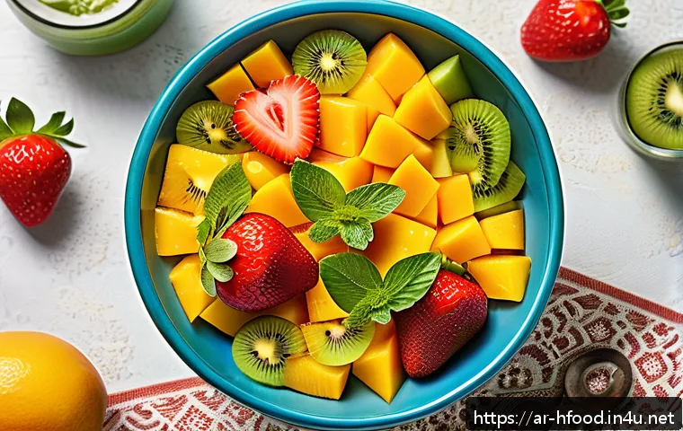 건강한 디저트  과일 샐러드 레시피 - A vibrant fruit salad bowl featuring freshly cut seasonal fruits such as bright orange slices, red s...