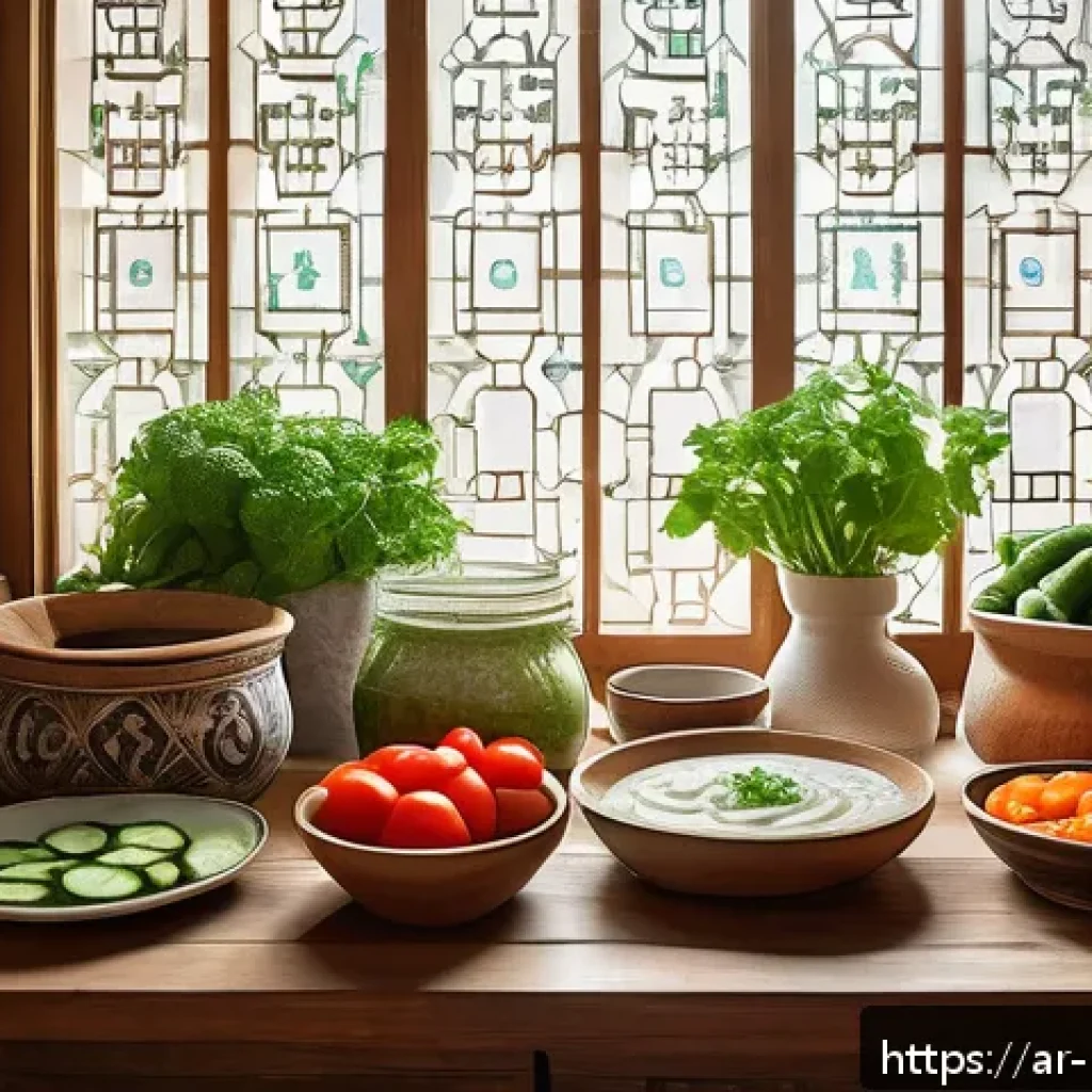 유산균 음료의 효능과 추천 브랜드 - A vibrant Middle Eastern kitchen scene featuring a traditional wooden table with various probiotic d...
