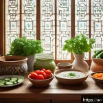 유산균 음료의 효능과 추천 브랜드 - A vibrant Middle Eastern kitchen scene featuring a traditional wooden table with various probiotic d...