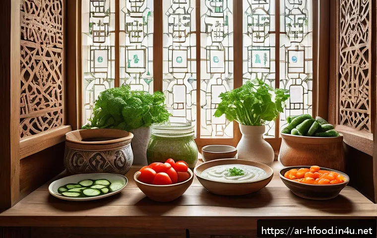 유산균 음료의 효능과 추천 브랜드 - A vibrant Middle Eastern kitchen scene featuring a traditional wooden table with various probiotic d...