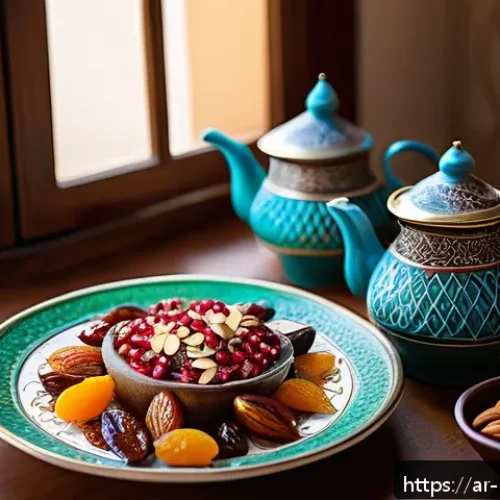 저지방 고단백 스낵 추천 - A vibrant, culturally rich Middle Eastern kitchen scene featuring a traditional wooden table set wit...