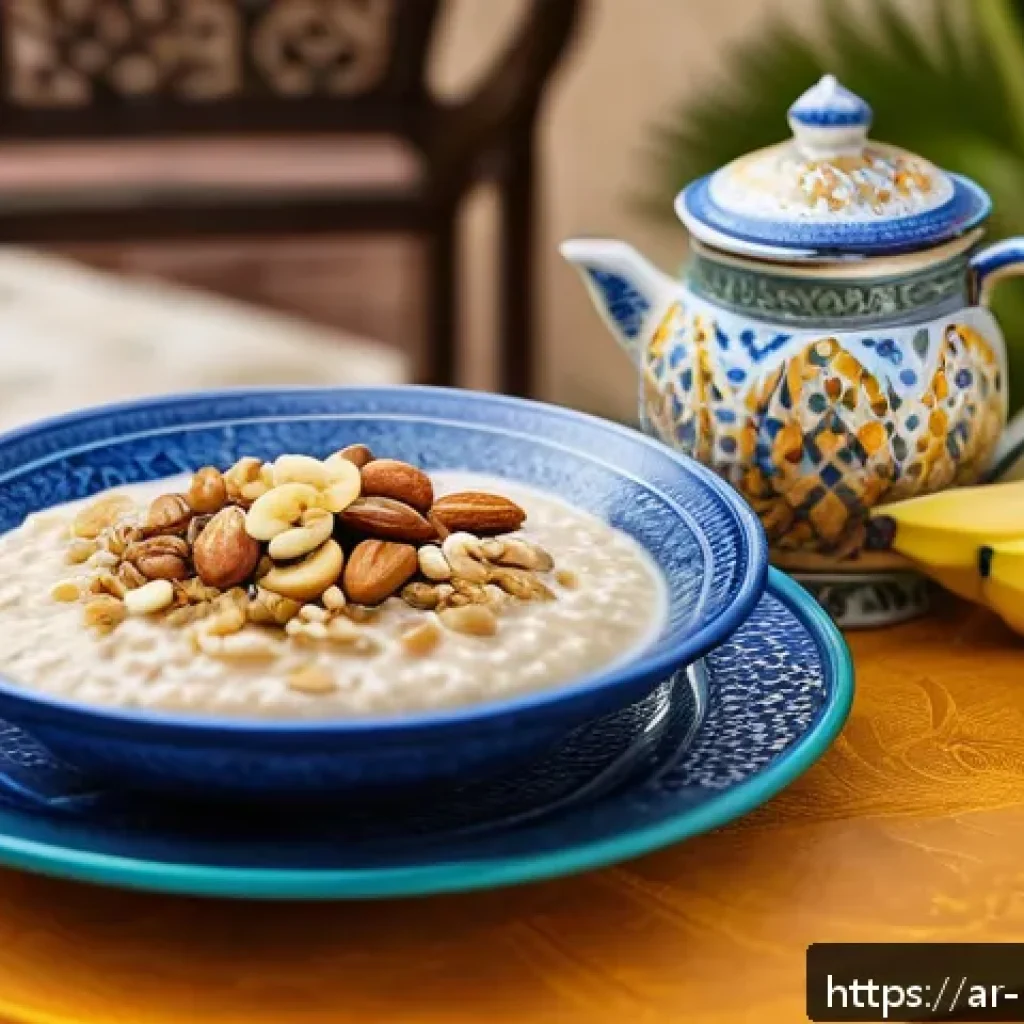 아침 공복에 좋은 음식 리스트 - A vibrant breakfast scene featuring a traditional Middle Eastern table set outdoors in the morning l...