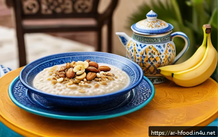 아침 공복에 좋은 음식 리스트 - A vibrant breakfast scene featuring a traditional Middle Eastern table set outdoors in the morning l...