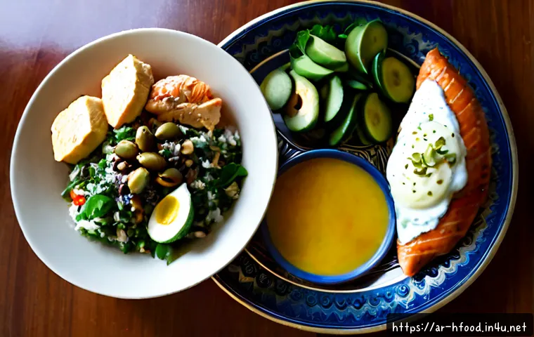 저탄수화물 식단의 장단점 - Photorealistic overhead comparison of a low-carbohydrate Arabic home meal: grilled chicken, salmon, ...