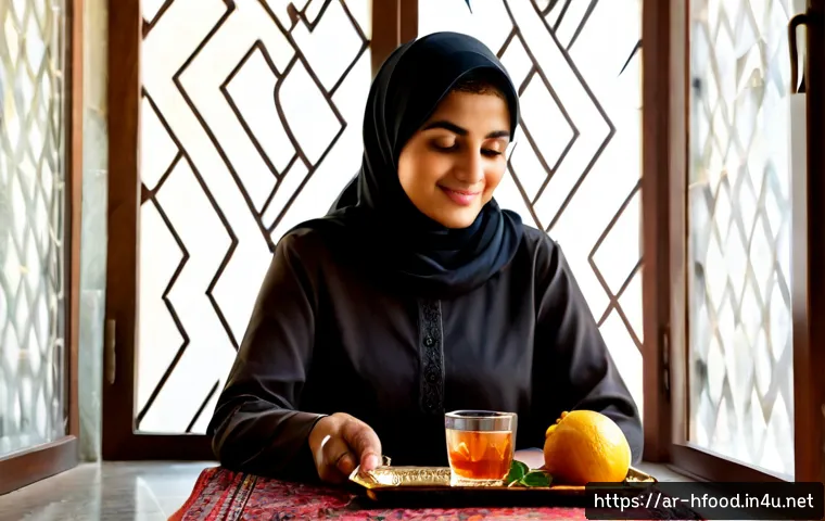 혈액순환 개선을 돕는 차 - Photorealistic morning wellness scene in an elegant Middle Eastern home, a clear glass cup of warm h...