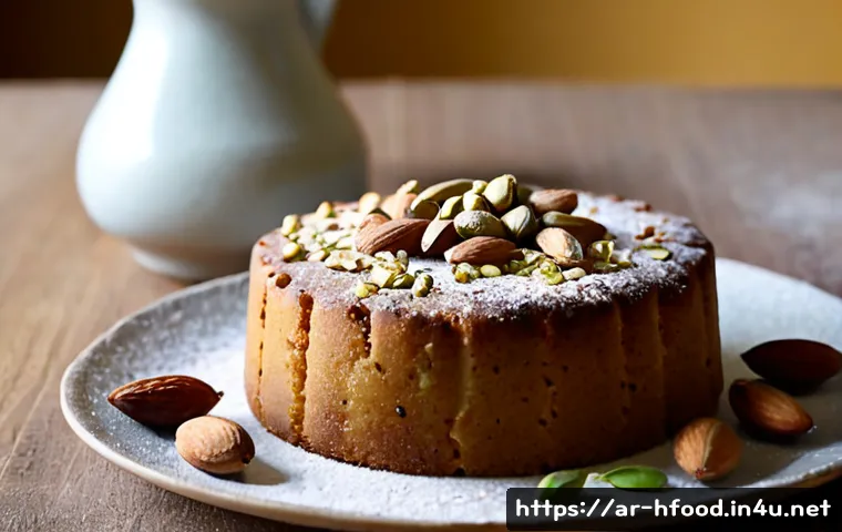 글루텐 프리 디저트 레시피 - Photorealistic gluten-free date and almond cake on a ceramic serving plate, topped with pistachios a...